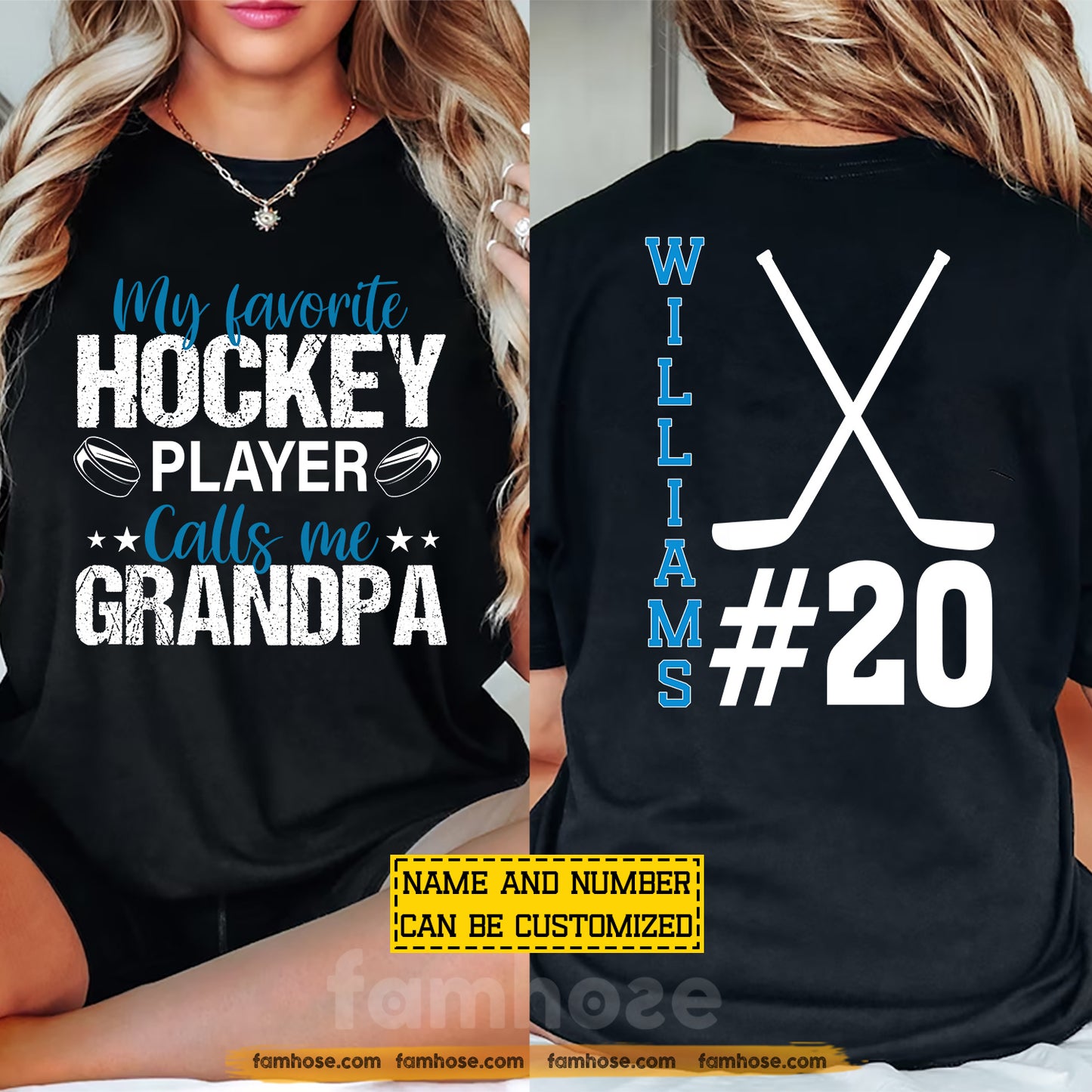 Personalized Hockey Grandpa Two-sided T-shirt, My Favorite Hockey Player Sport Tees Gift For Hockey Lovers
