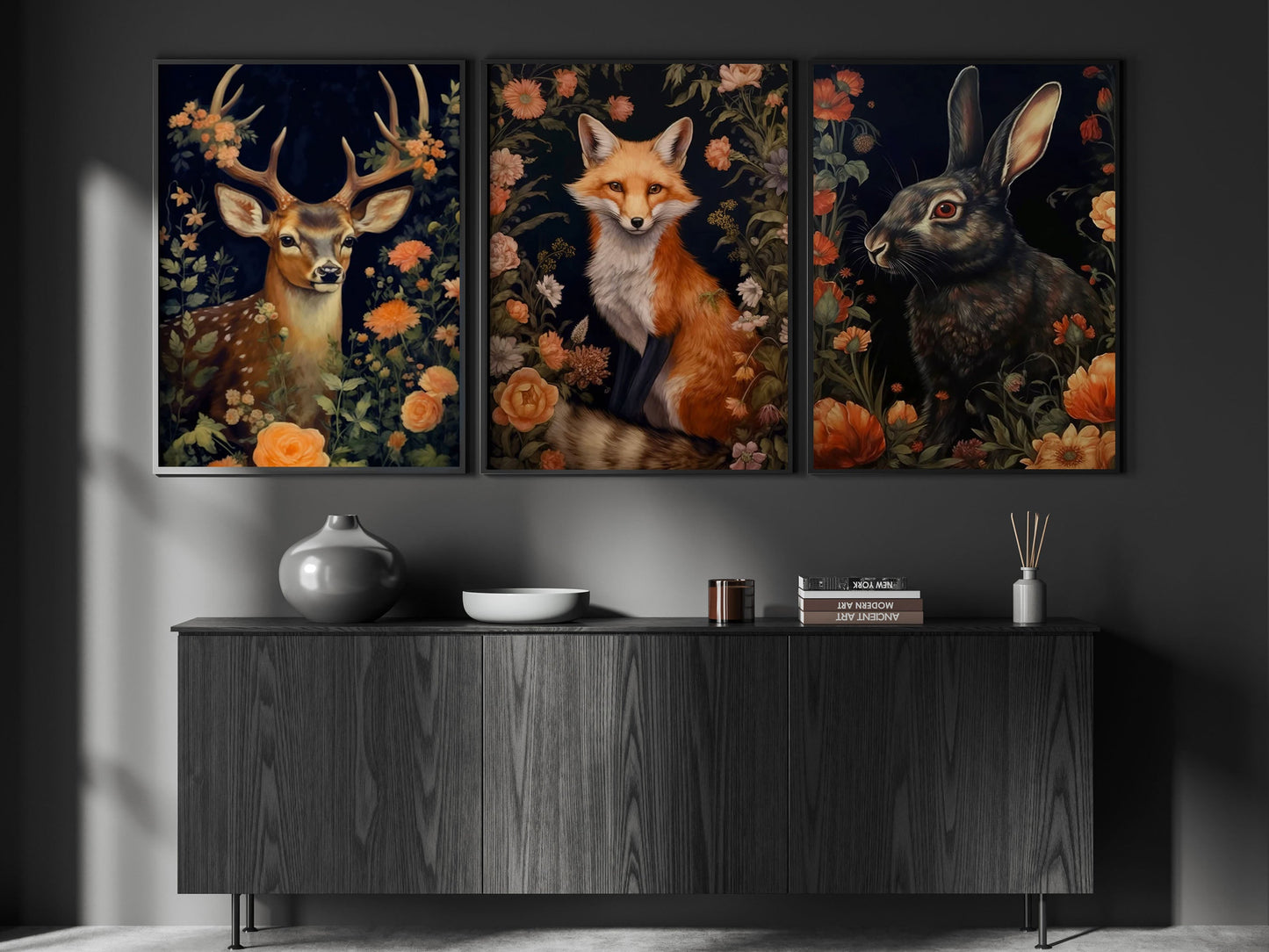 Set Of 3 Mythical Animals Stag Fox Rabbit In Forest Vintage Canvas Wall Art Print - Dark Academia Gothic Animals Poster Art Print