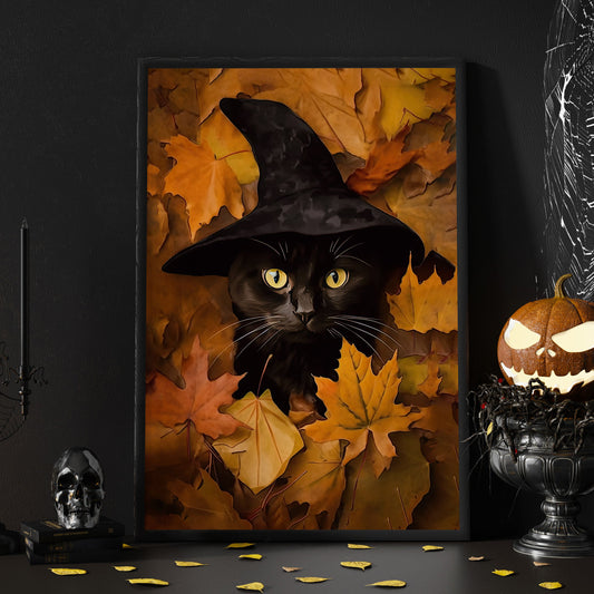 Black Cat Witch Hiding in Fall Leaves Gothic Vintage Canvas Wall Art - Halloween Cat Gift Artwork Decoration For Living Room Bed Room