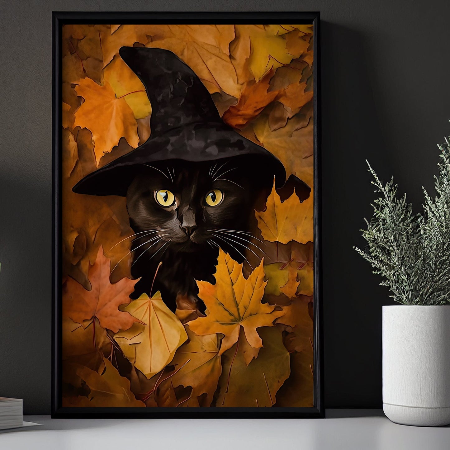 Black Cat Witch Hiding in Fall Leaves Gothic Vintage Canvas Wall Art - Halloween Cat Gift Artwork Decoration For Living Room Bed Room