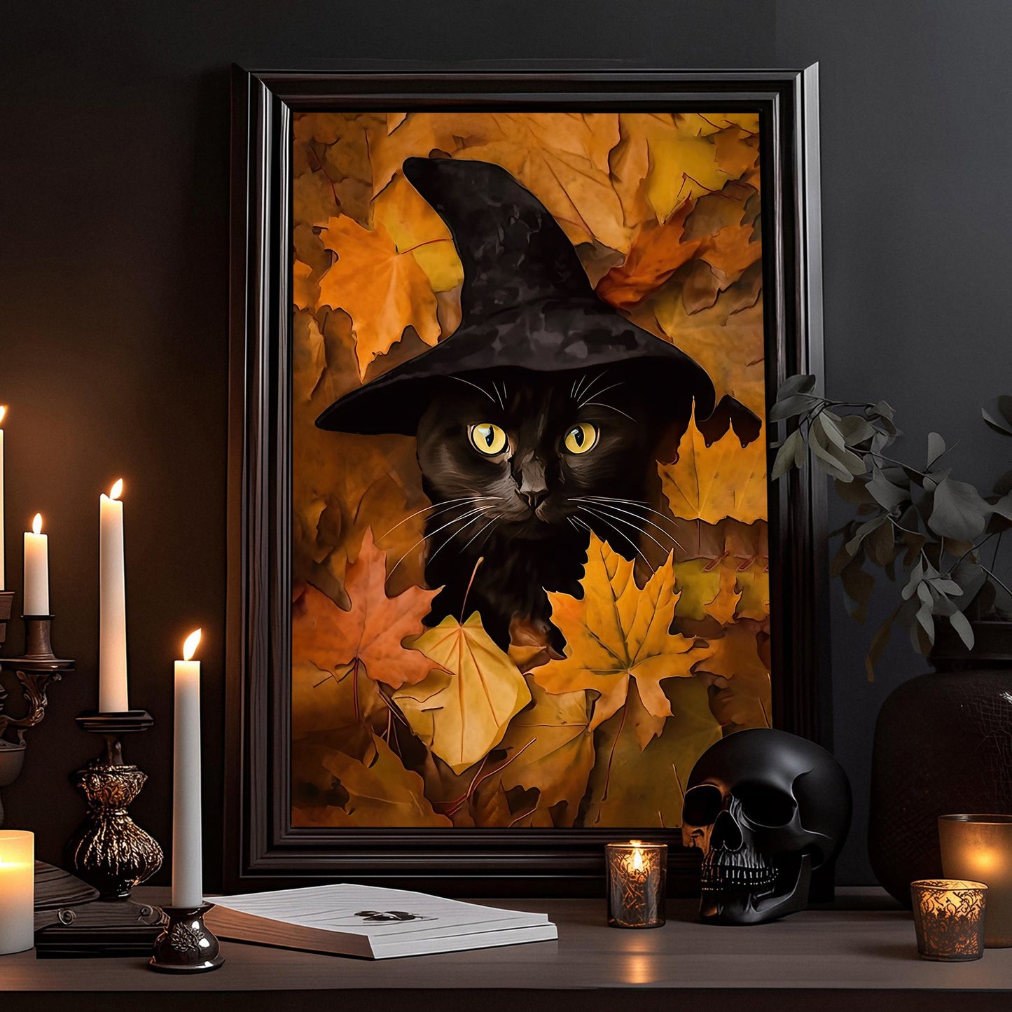 Black Cat Witch Hiding in Fall Leaves Gothic Vintage Canvas Wall Art - Halloween Cat Gift Artwork Decoration For Living Room Bed Room