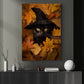 Black Cat Witch Hiding in Fall Leaves Gothic Vintage Canvas Wall Art - Halloween Cat Gift Artwork Decoration For Living Room Bed Room