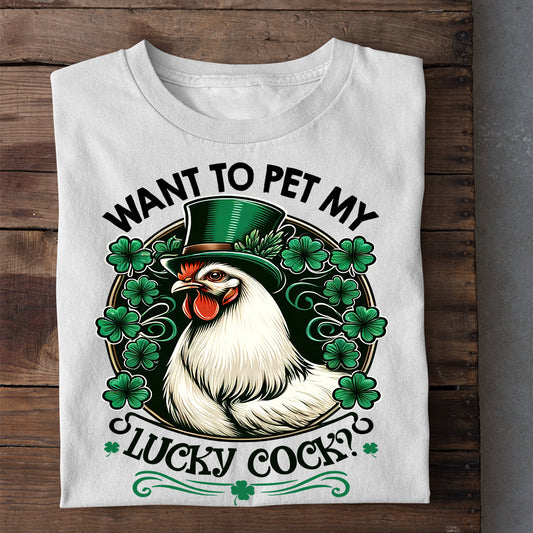 Vintage St Patrick's Day Chicken T-shirt, Pet My Lucky Cock Chicken Wear Green Hat, Patricks Day Gift For Chicken Lovers, Chicken Tees, Farmers Tees