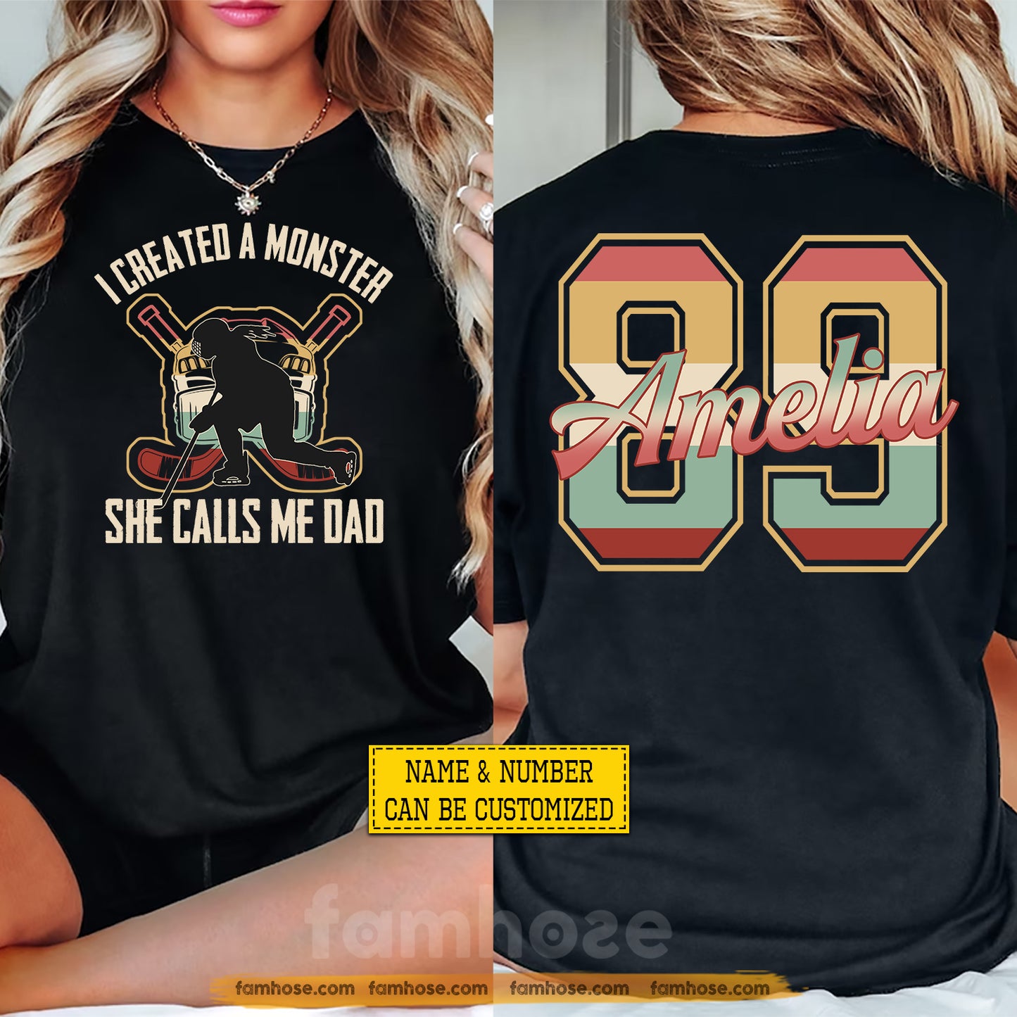 Vintage Personalized Hockey Dad Two-sided T-shirt, I Created A Monster Sport Tees Father's Day Gift For Hockey Lovers