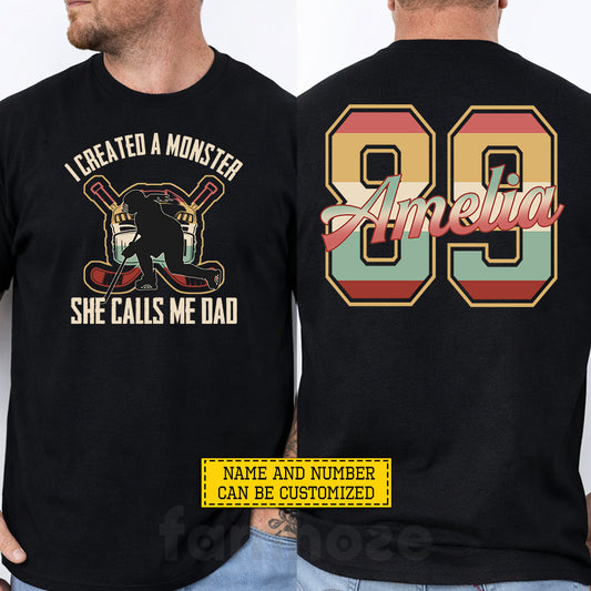 Vintage Personalized Hockey Dad Two-sided T-shirt, I Created A Monster Sport Tees Father's Day Gift For Hockey Lovers