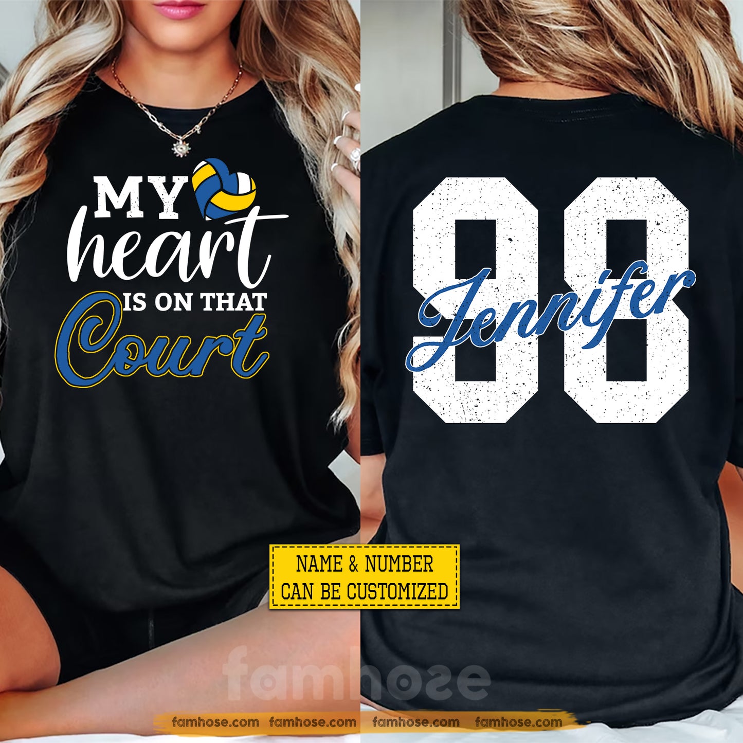 Personalized Volleyball Parent Two-sided T-shirt, My Heart Is On That Court Sport Tees Gift For Volleyball Lovers