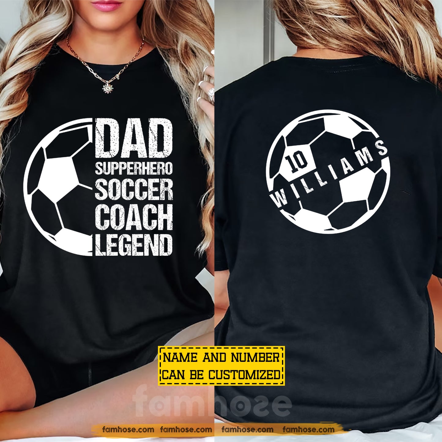 Personalized Soccer Dad Two-sided T-shirt, Dad Supperhero Soccer Coach Legend Sport Tees Father's Day Gift For Soccer Lovers