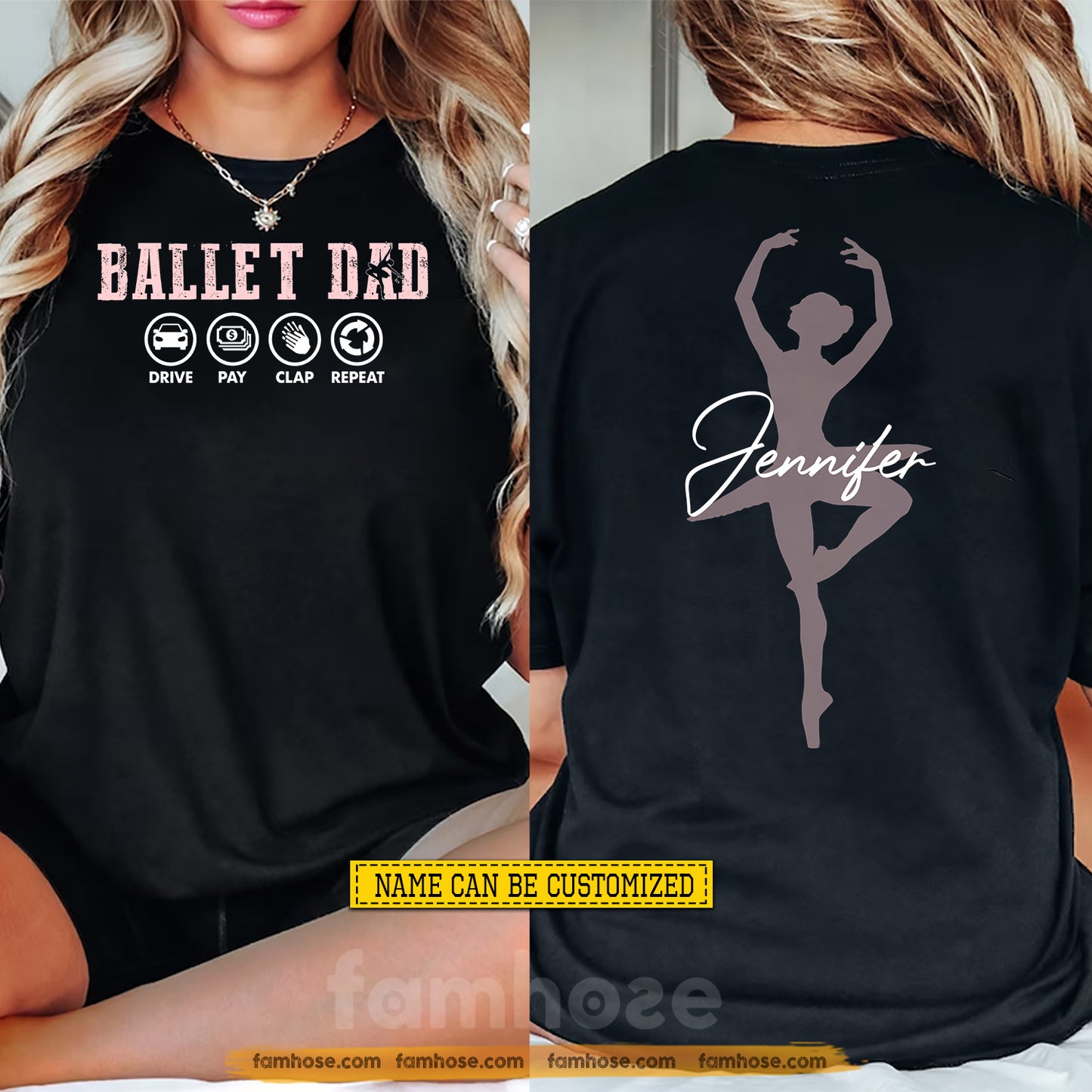 Personalized Ballet Dad Two-sided T-shirt, Ballet Dad Drive Clap Repeat Sport Tees Father's Day Gift For Ballet Lovers