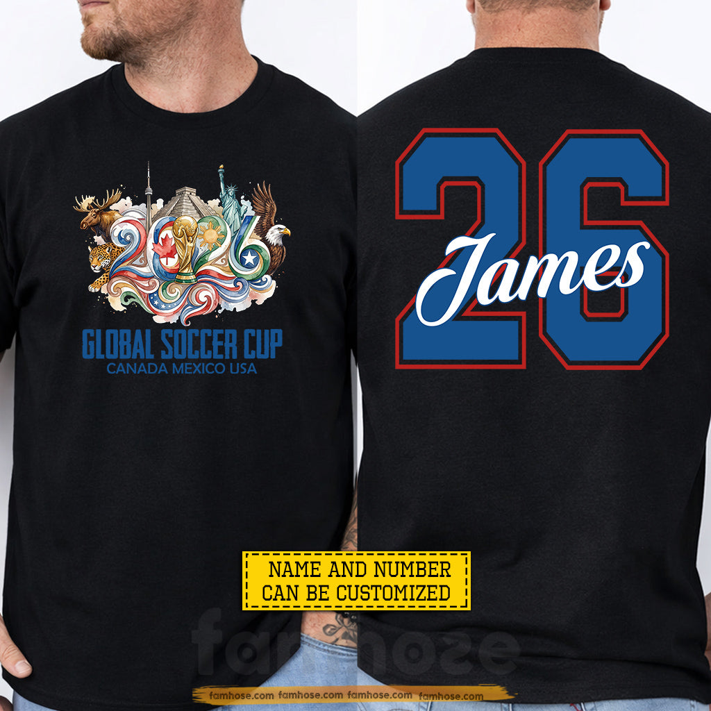 Personalized Global Soccer Cup 2026 Two-sided T-shirt, Canada Mexico USA Soccer Tournament Tees Sport Gift