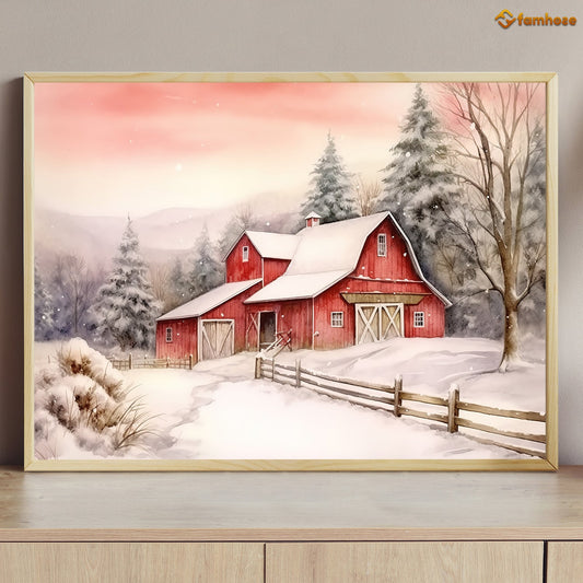 Farmer House In Christmas Canvas Painting, Xmas Wall Art Decor - Christmas Poster Gift