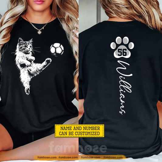 Personalized Cat Soccer Two-sided T-shirt, Kick Like A Cat Global Football Tournament Tees Sport Gift For Soccer Lovers, Cat Lovers