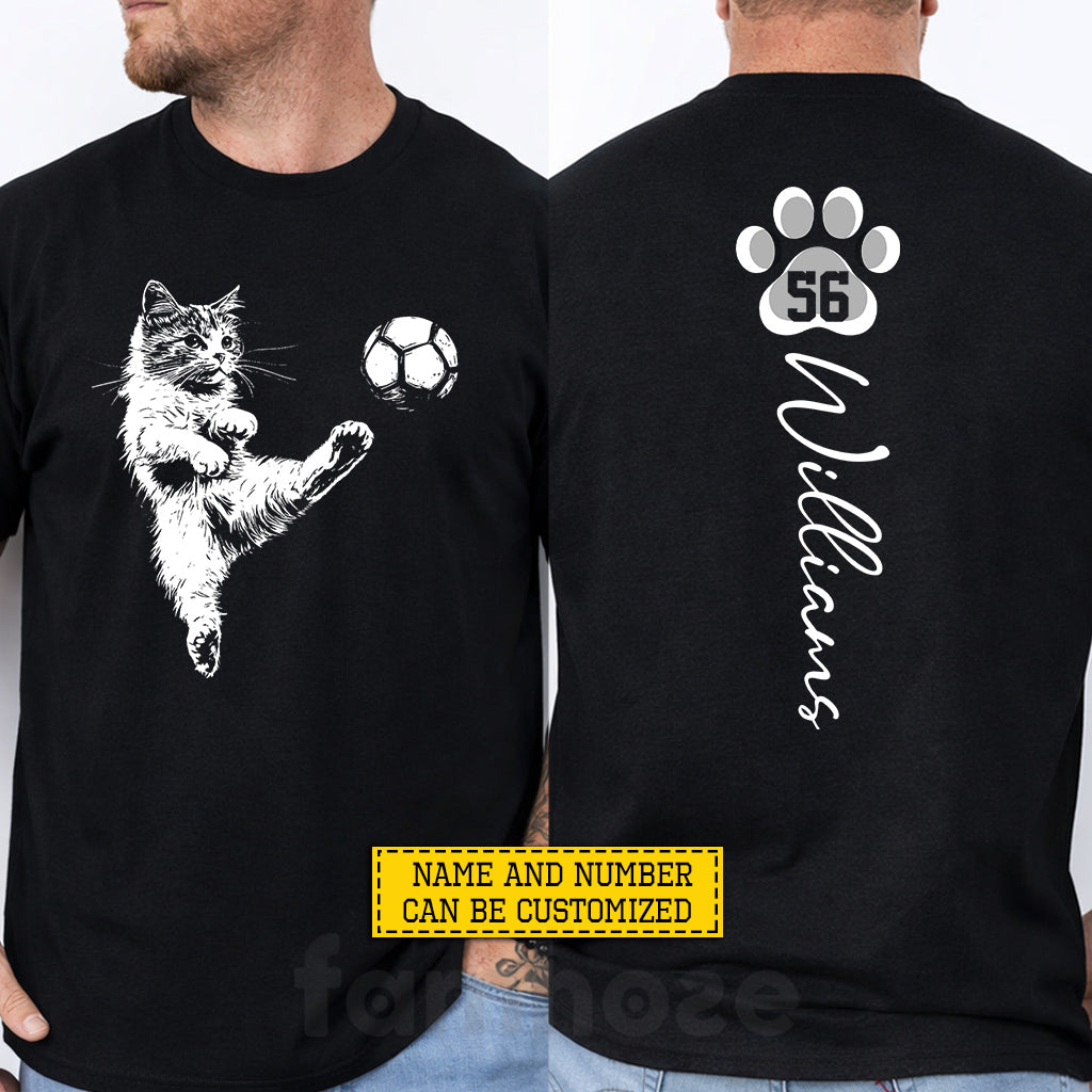Personalized Cat Soccer Two-sided T-shirt, Kick Like A Cat Global Football Tournament Tees Sport Gift For Soccer Lovers, Cat Lovers