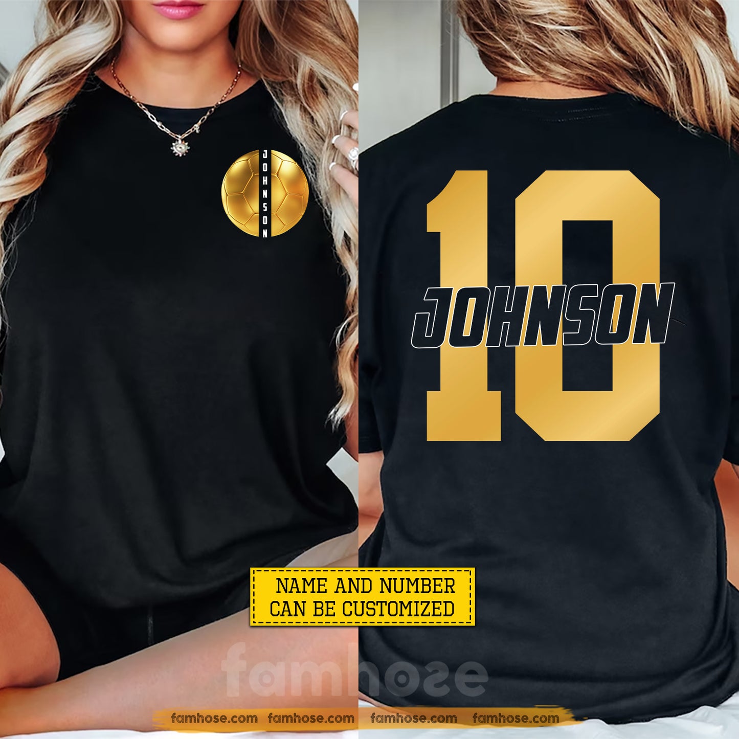 Personalized Soccer Two-sided T-shirt, Golden Soccer Fan Sport International Soccer Tournament Tees Gift For Soccer Lovers