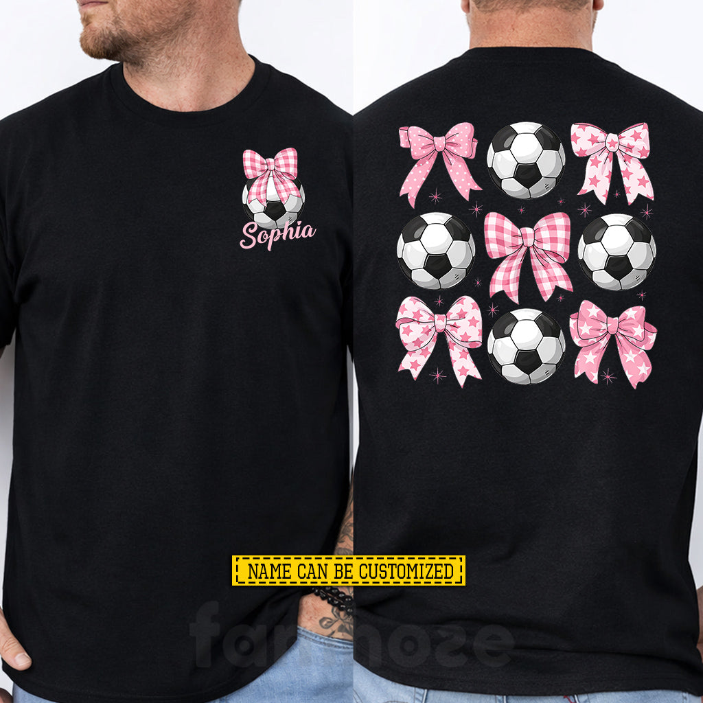 Cute Personalized Soccer Two-sided T-shirt, Pretty In Pink Bow World Soccer Event Tees Sport Gift For Soccer Lovers