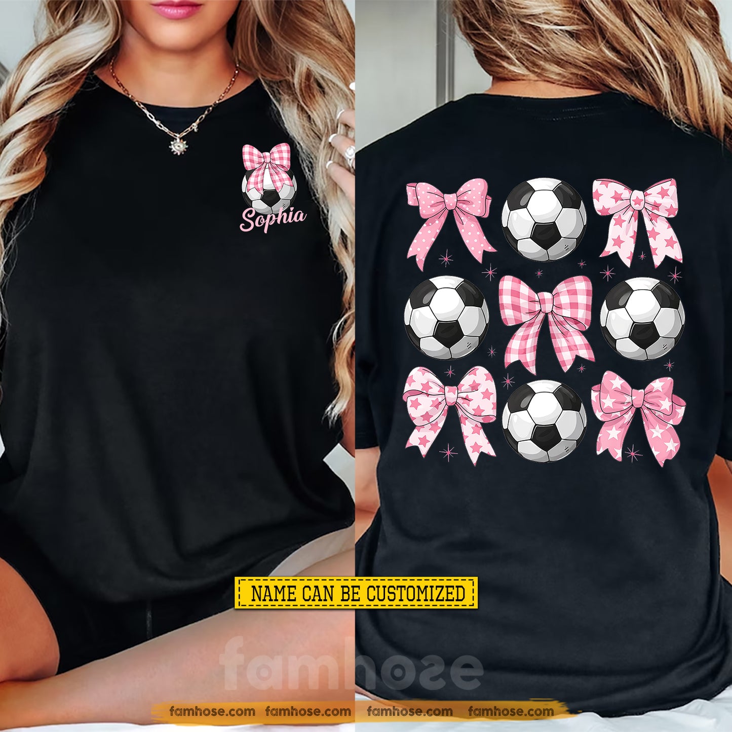 Cute Personalized Soccer Two-sided T-shirt, Pretty In Pink Bow World Soccer Event Tees Sport Gift For Soccer Lovers