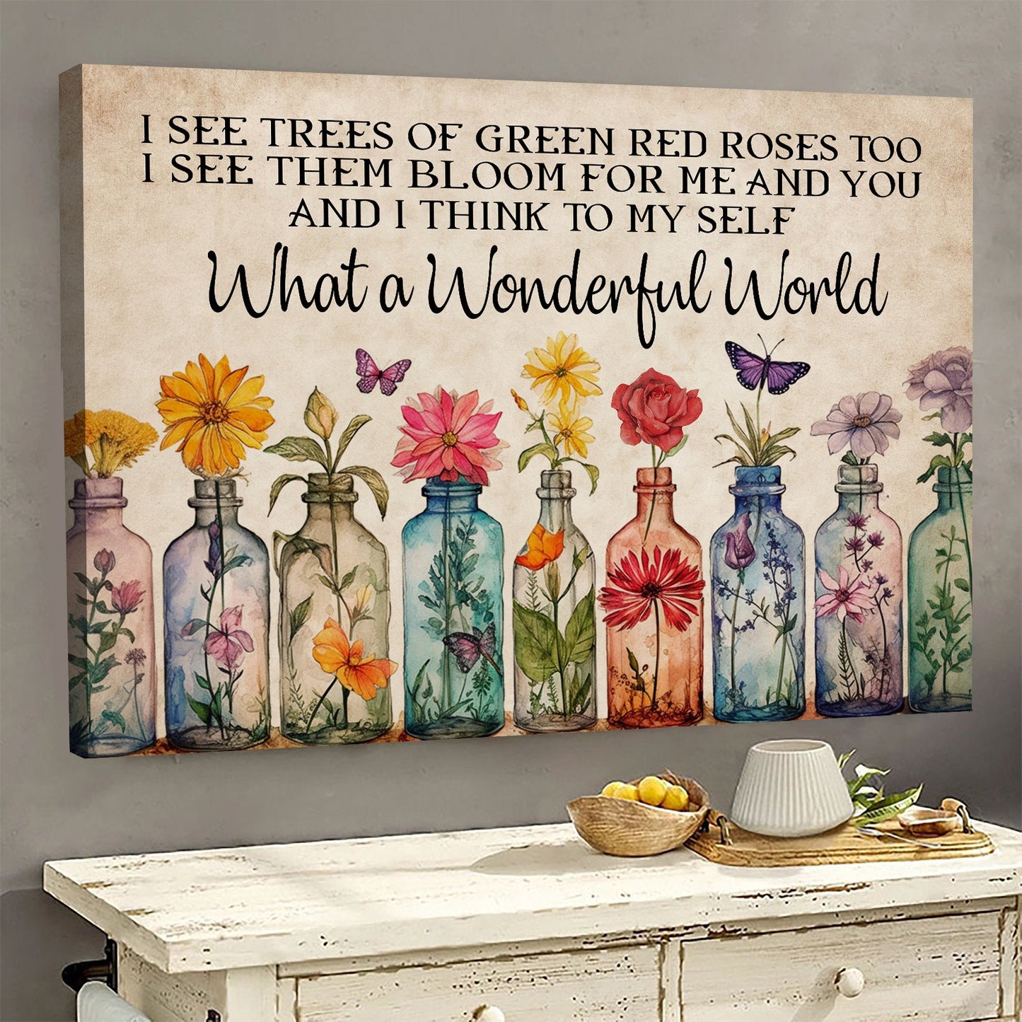 What A Wonderful World, Inspirational Quotes Canvas Painting, Motivational Wall Art Decor - Flowers Poster Gift