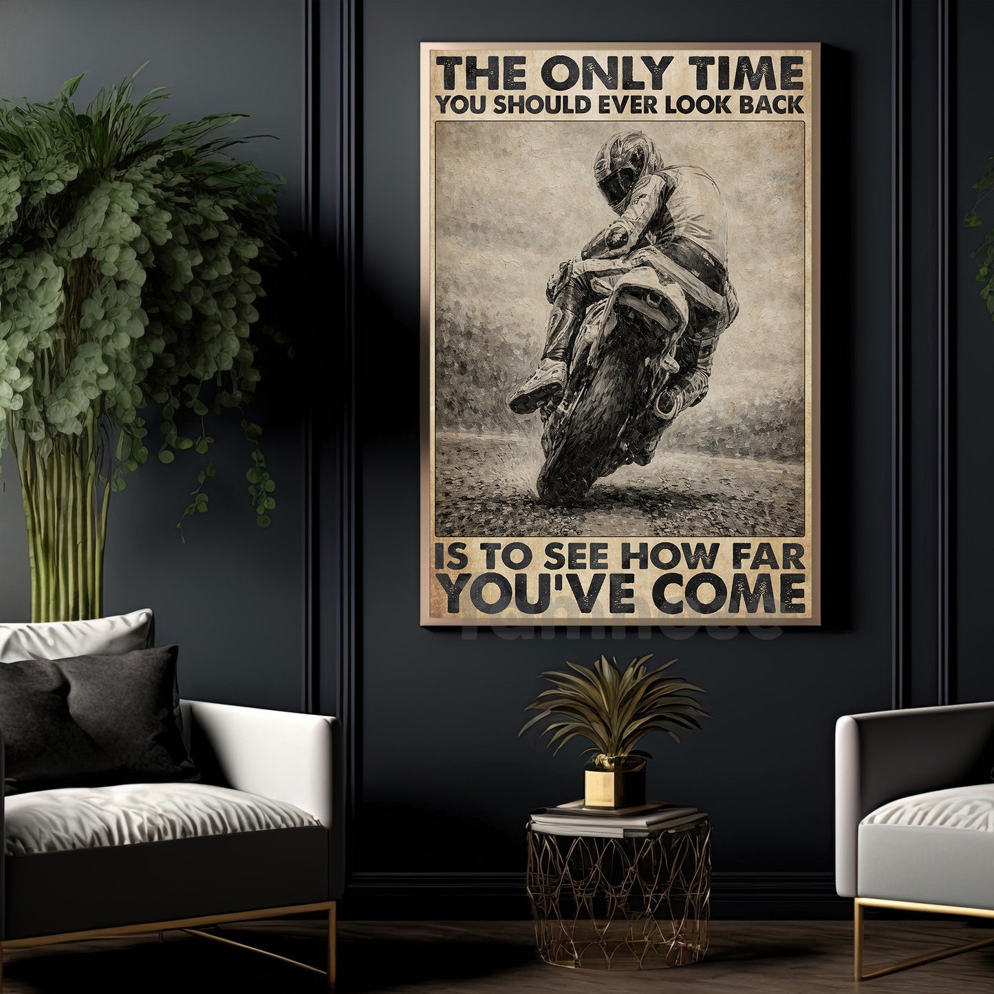 Motorcycle Canvas Painting, The Only Time You Should Ever Look Back Wall Art Decor, Poster Gift For Biker Lover
