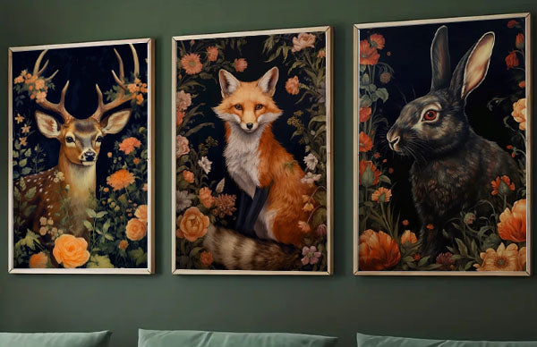 Set Of 3 Mythical Animals Stag Fox Rabbit In Forest Vintage Canvas Wall Art Print - Dark Academia Gothic Animals Poster Art Print