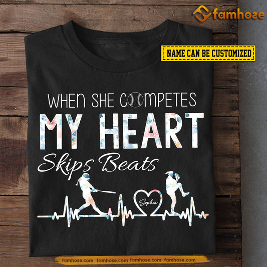 Personalized Softball Girl T-shirt, When She Competes My Heart Skips Beats, Mother's Day Gift For Softball Lovers, Softball Players