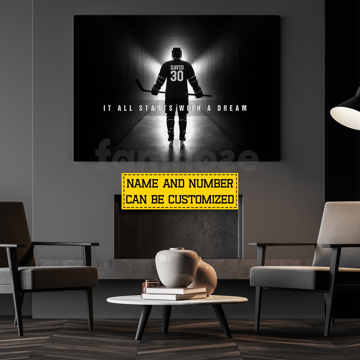Personalized Hockey Man Canvas Painting, It All Starts With A Dream Sport Wall Art Decor, Poster Gift For Hockey Lovers