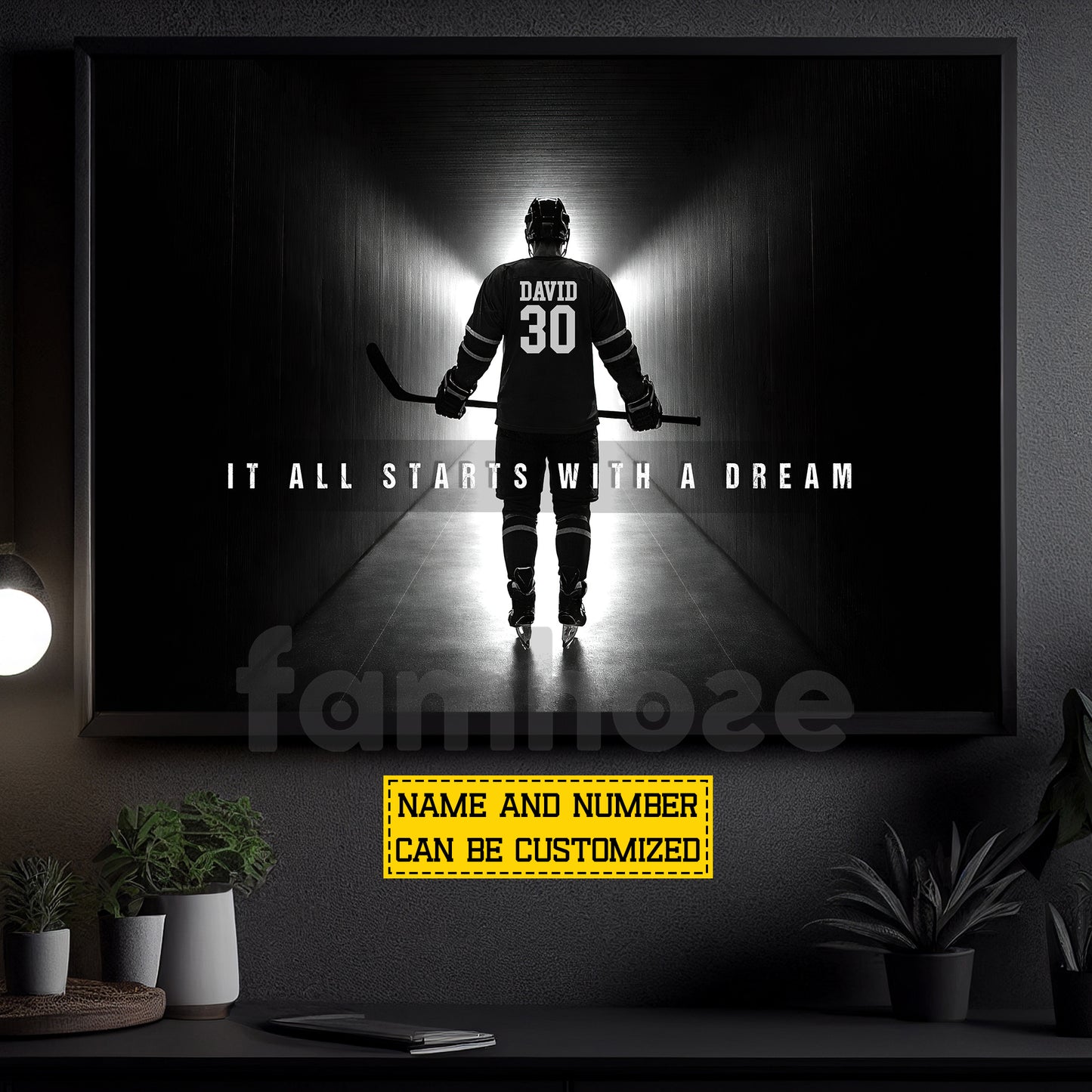 Personalized Hockey Man Canvas Painting, It All Starts With A Dream Sport Wall Art Decor, Poster Gift For Hockey Lovers