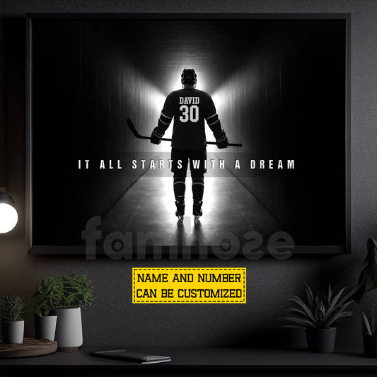Personalized Hockey Man Canvas Painting, It All Starts With A Dream Sport Wall Art Decor, Poster Gift For Hockey Lovers