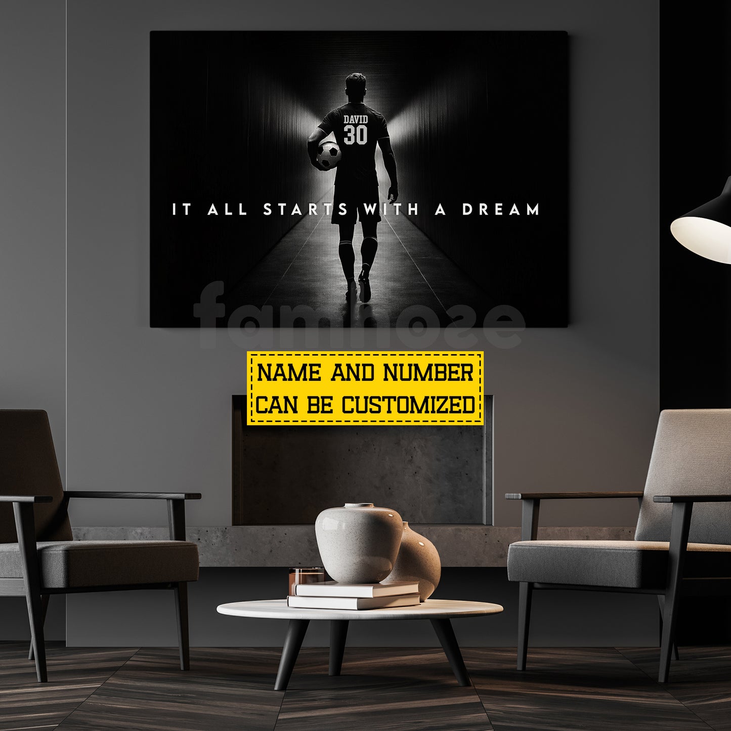 Personalized Soccer Man Canvas Painting, It All Starts With A Dream Sport Wall Art Decor, Poster Gift For Soccer Lovers