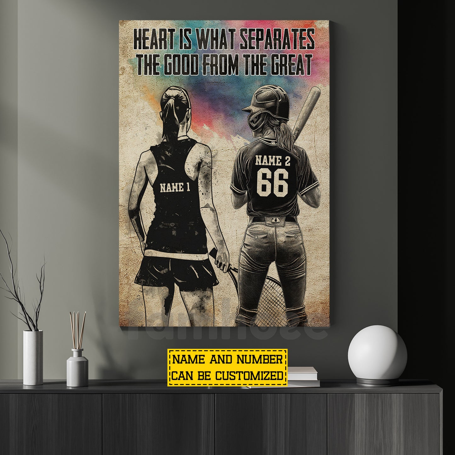 Personalized Softball & Tennis Girl Canvas Painting, Hearts Is What Separates The Good From The Great Sport Wall Art Decor, Poster Gift For Tennis & Softball Lover