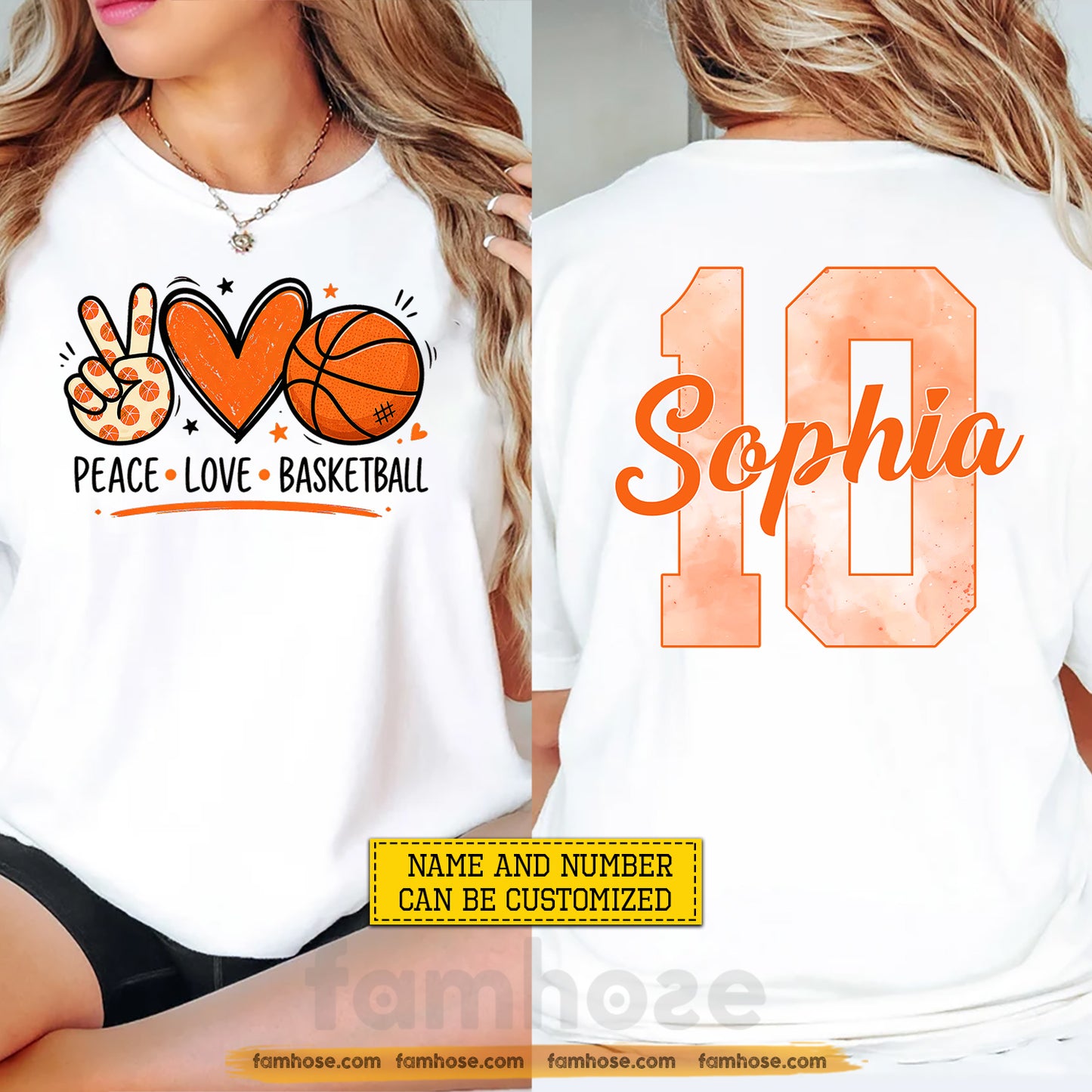 Personalized Basketball Two-sided T-shirt, Peace Love Basketball Sport Tees Gift For Basketball Lover