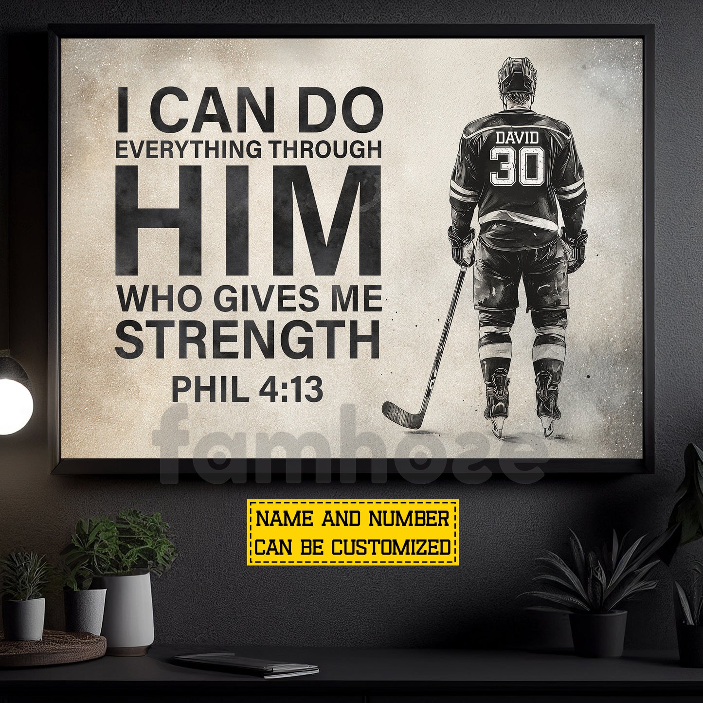 Personalized Hockey Man Canvas Painting, I Can Do Everything Through Him Sport Wall Art Decor, Poster Gift For Hockey Lovers