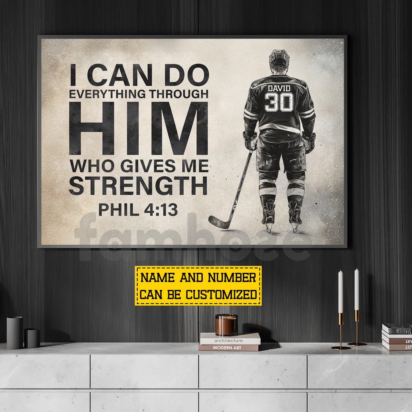 Personalized Hockey Man Canvas Painting, I Can Do Everything Through Him Sport Wall Art Decor, Poster Gift For Hockey Lovers