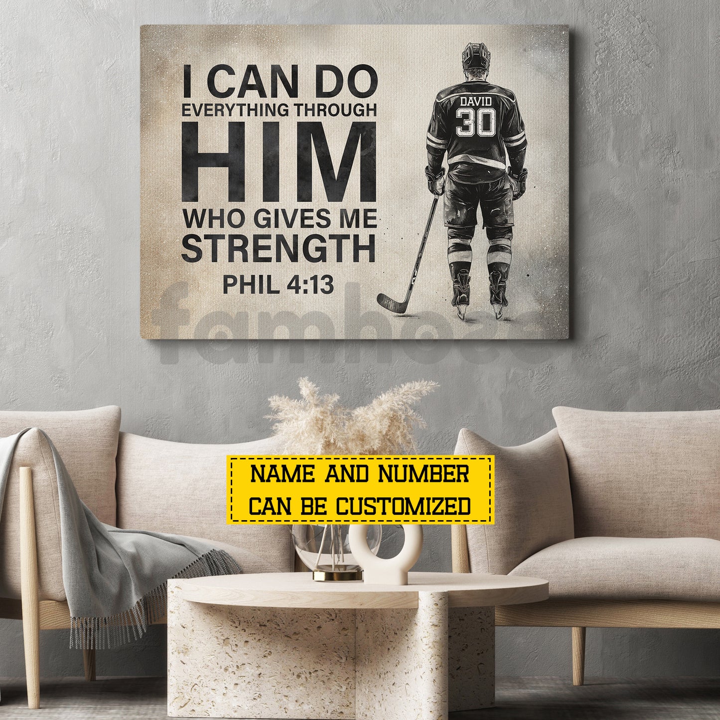 Personalized Hockey Man Canvas Painting, I Can Do Everything Through Him Sport Wall Art Decor, Poster Gift For Hockey Lovers