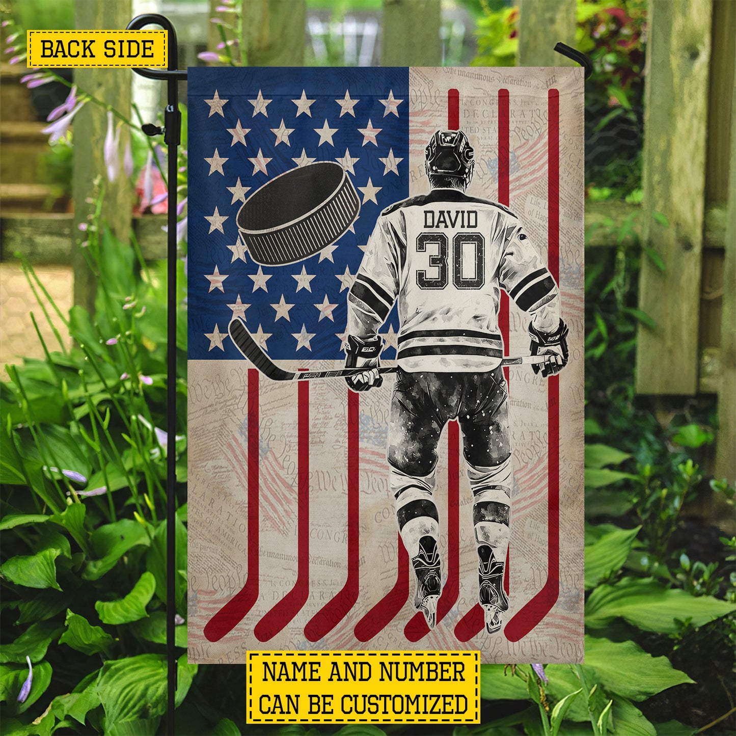 Personalized July 4th Hockey Man USA Garden Flag & House Flag, Skating For Freedom Outdoor Decor, Independence Day Yard Flag Gift For Hockey Lover