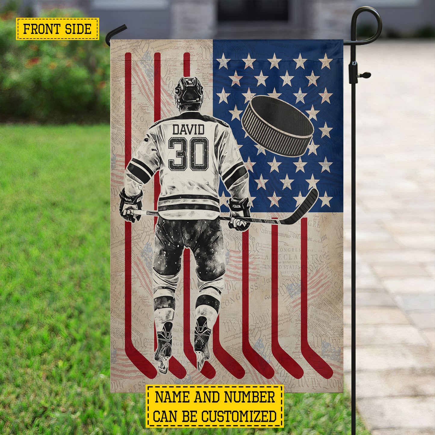 Personalized July 4th Hockey Man USA Garden Flag & House Flag, Skating For Freedom Outdoor Decor, Independence Day Yard Flag Gift For Hockey Lover