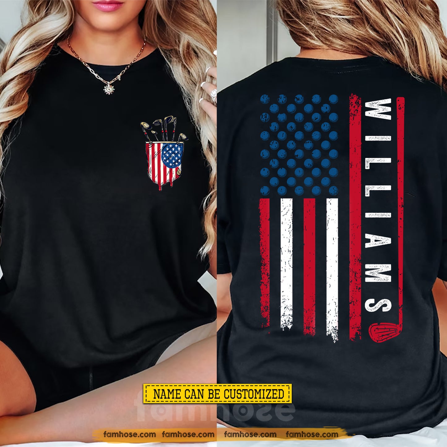 Personalized Golf July 4th Two-sided T-shirt, Patriotic Golf Player Sport Tees Independence Day Gift For Golf Lover