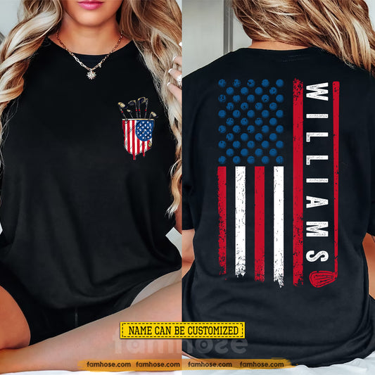 Personalized Golf July 4th Two-sided T-shirt, Patriotic Golf Player Sport Tees Independence Day Gift For Golf Lover