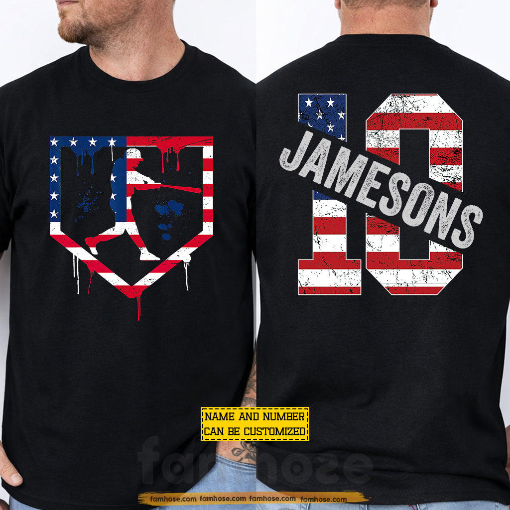 Personalized Baseball July 4th Two-sided T-shirt, Patriotic Baseball Player Sport Tees Independence Day Gift For Baseball Lovers