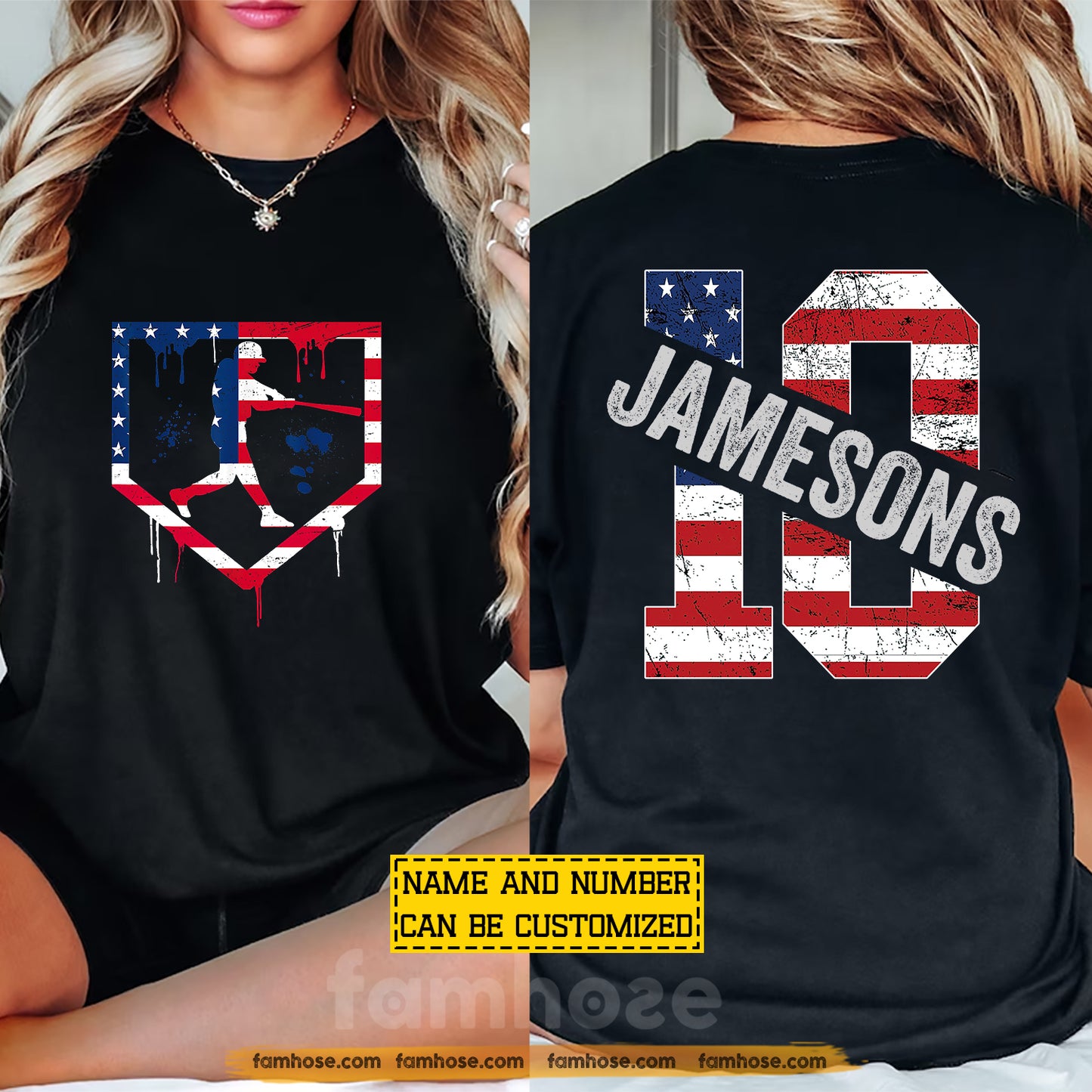 Personalized Baseball July 4th Two-sided T-shirt, Patriotic Baseball Player Sport Tees Independence Day Gift For Baseball Lovers