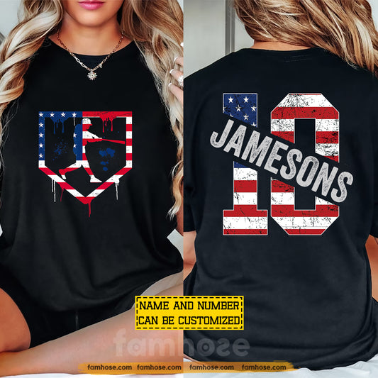 Personalized Baseball July 4th Two-sided T-shirt, Patriotic Baseball Player Sport Tees Independence Day Gift For Baseball Lovers