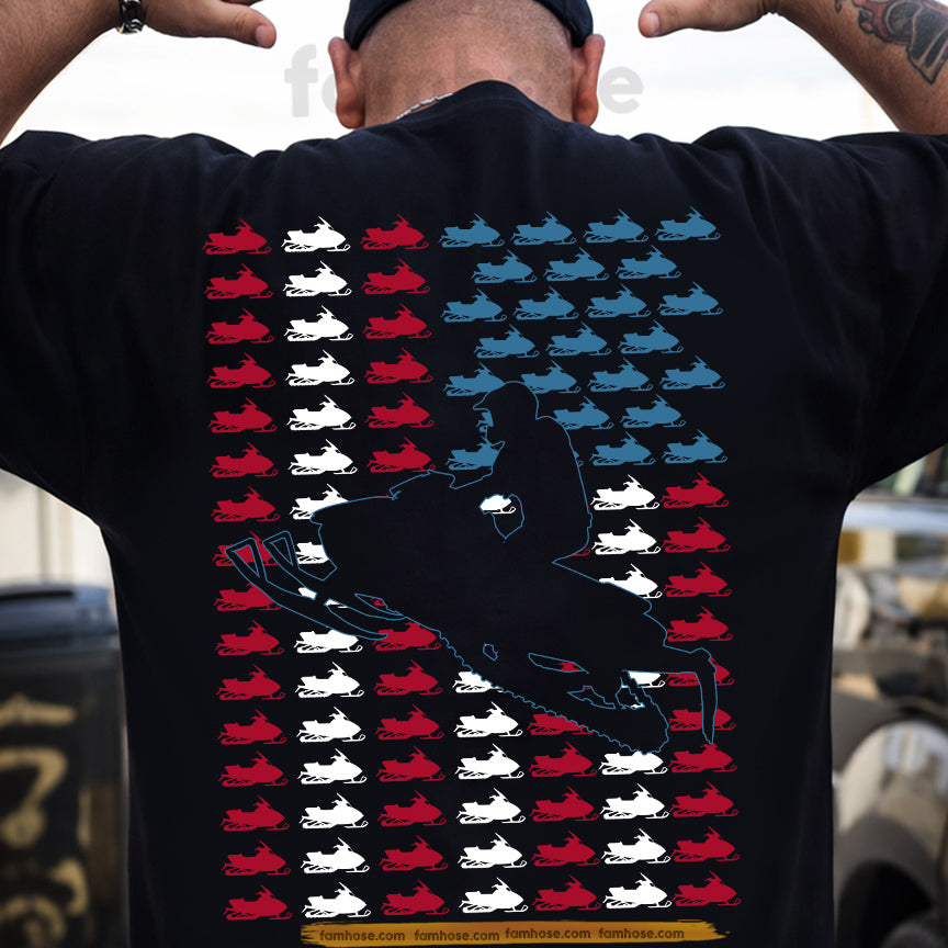 Snowmobile July 4th Backside T-shirt, Snowmobile Rider USA Flag Tees Independence Day Gift For Snowmobiling Lovers