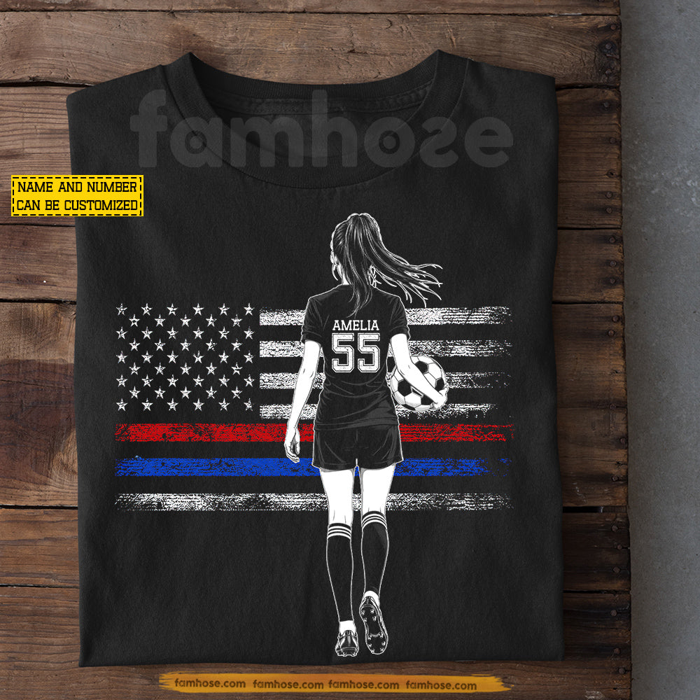 Personalized Soccer Girl July 4th T-shirt, Female Soccer Athlete Sport Tees Independence Day Gift For Soccer Lover