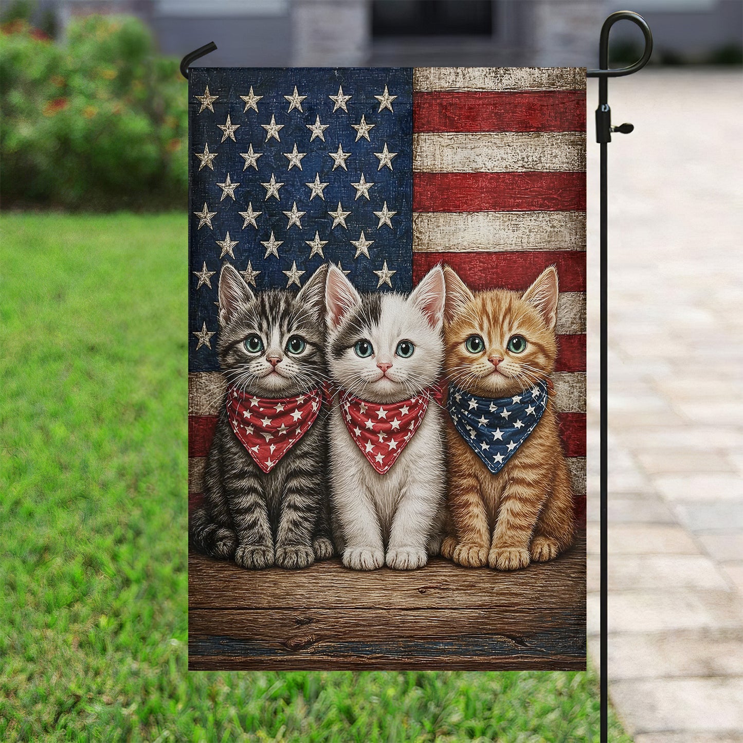 July 4th Cat 250 Anniversary USA Garden Flag & House Flag, Red White And Mew Outdoor Decor, Independence Day Yard Flag Gift For Cat Lover