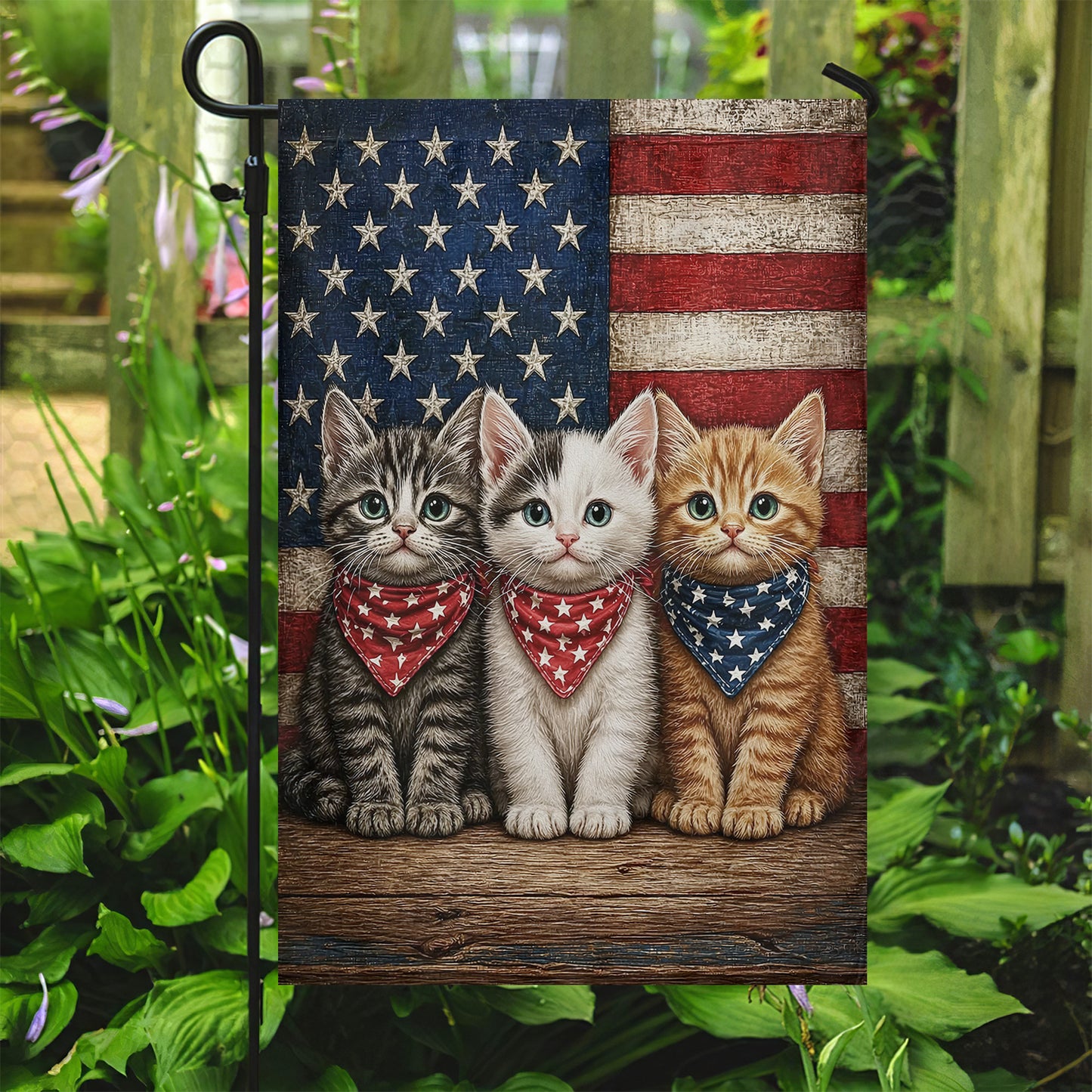 July 4th Cat 250 Anniversary USA Garden Flag & House Flag, Red White And Mew Outdoor Decor, Independence Day Yard Flag Gift For Cat Lover