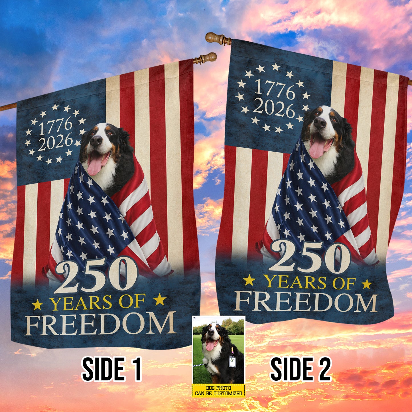 Personalized July 4th Dog 250 Anniversary USA Garden Flag & House Flag, 250 Years Of Freedom Outdoor Decor, Independence Day Yard Flag Gift For Dog Lover