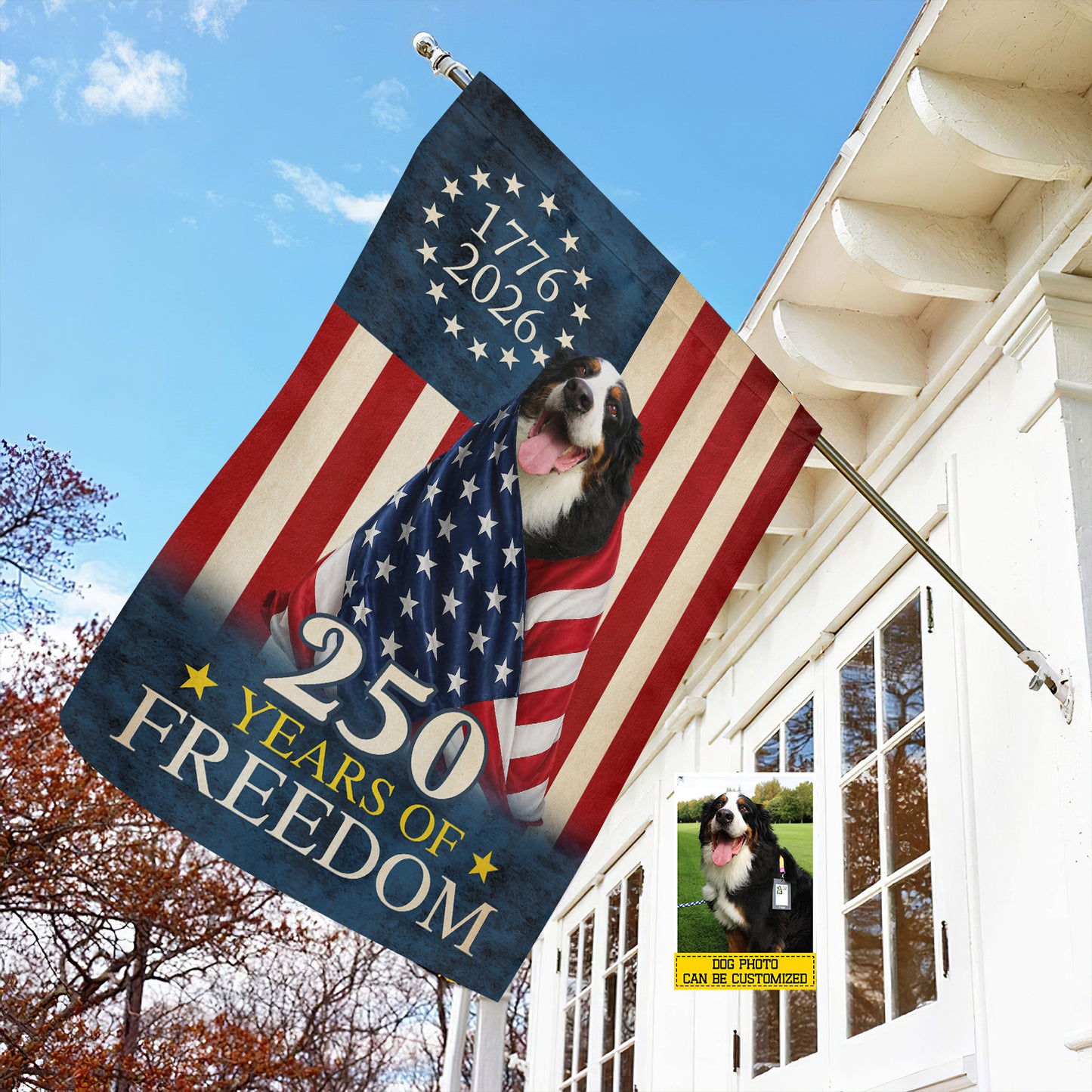 Personalized July 4th Dog 250 Anniversary USA Garden Flag & House Flag, 250 Years Of Freedom Outdoor Decor, Independence Day Yard Flag Gift For Dog Lover