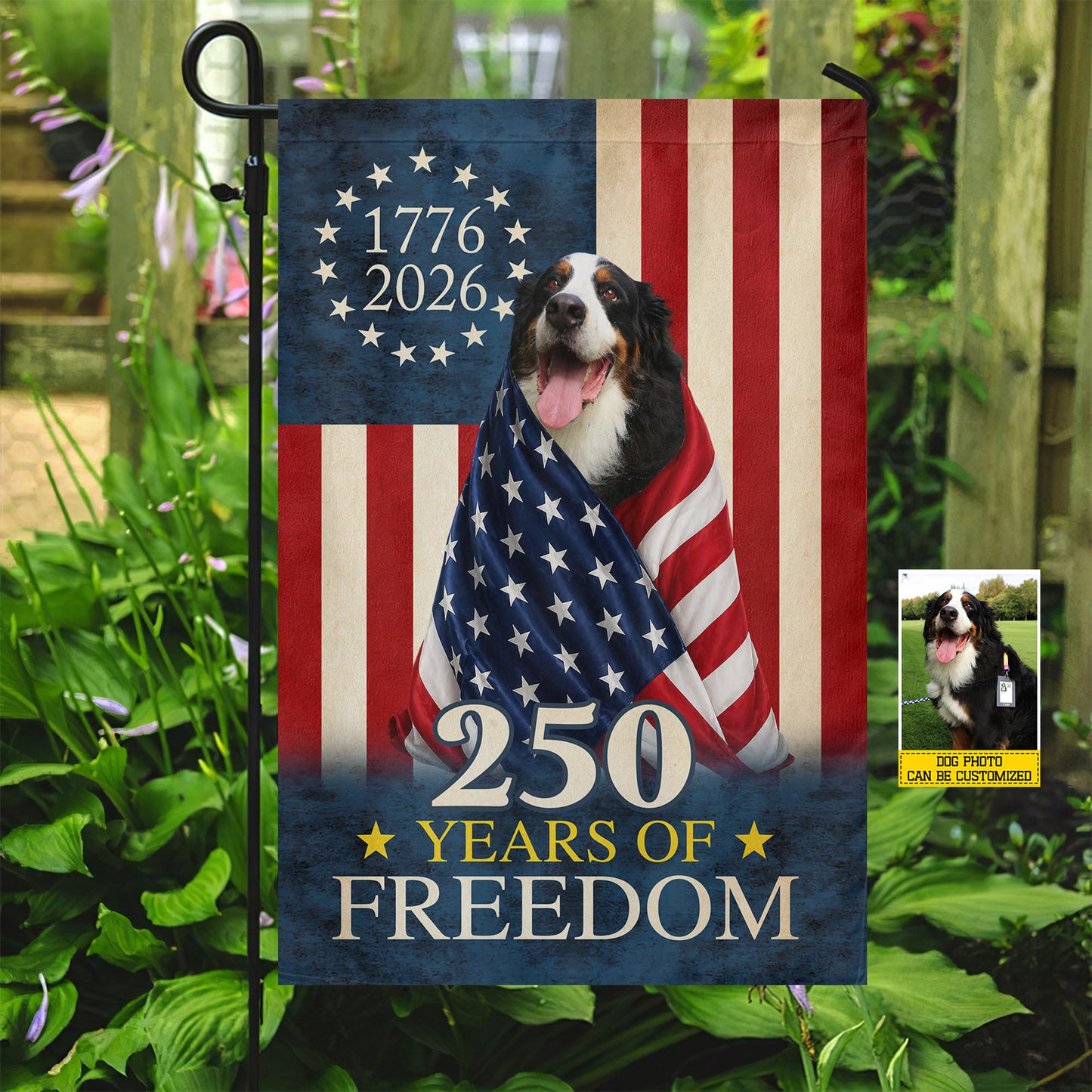 Personalized July 4th Dog 250 Anniversary USA Garden Flag & House Flag, 250 Years Of Freedom Outdoor Decor, Independence Day Yard Flag Gift For Dog Lover