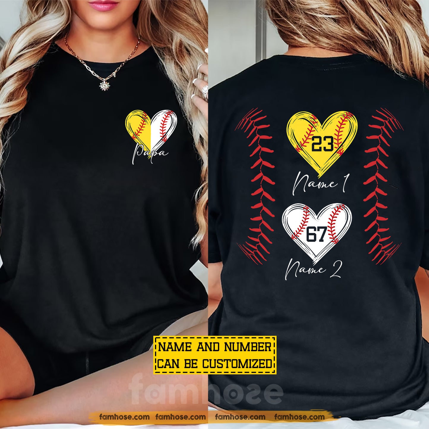 Personalized Softball & Baseball Dad Two-sided T-shirt, The Matching Heart Of Papa Tees Father's Day Gift For Softball Lovers, Baseball Lovers
