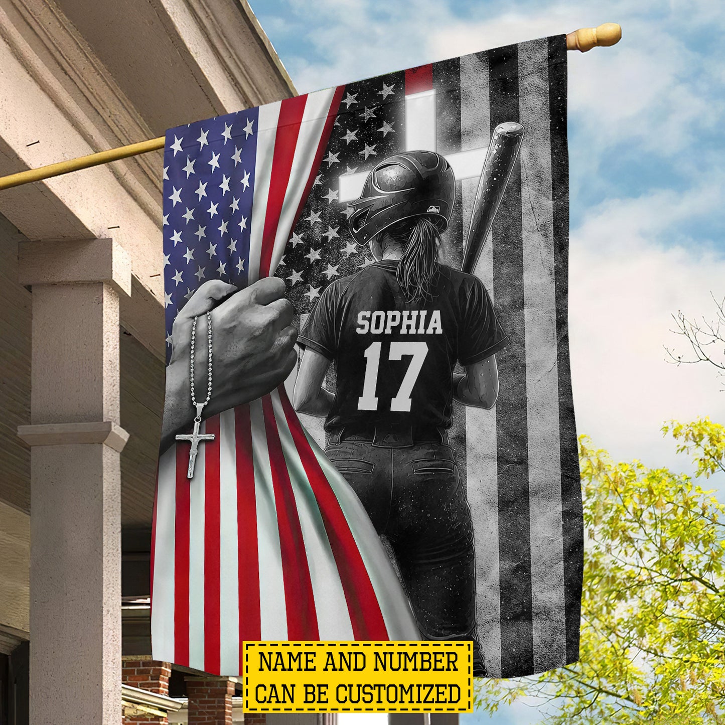 Personalized July 4th Softball Girl USA Garden Flag & House Flag, Dirt, Faith & Fastpitch Outdoor Decor, Independence Day Yard Flag Gift For Softball Lover