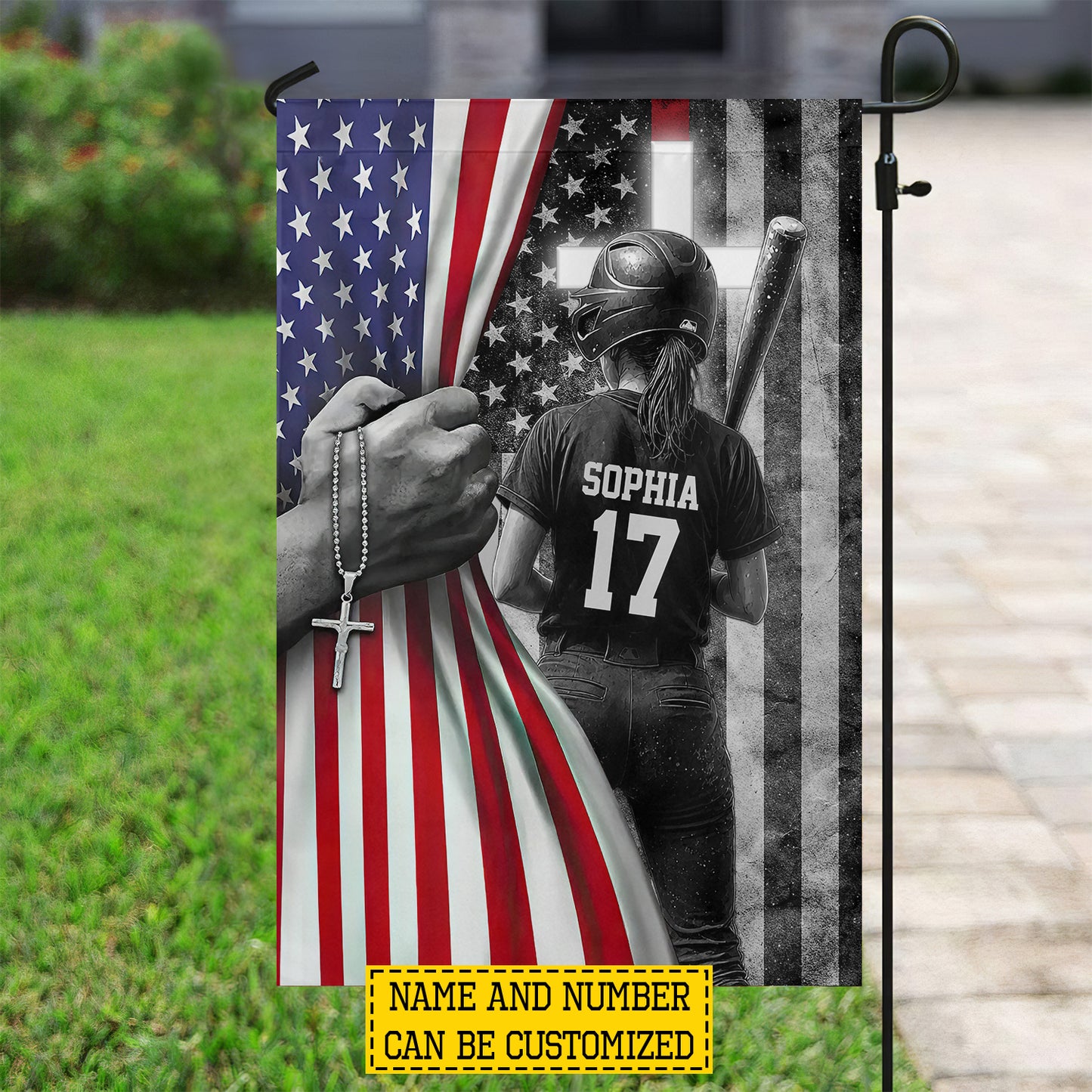 Personalized July 4th Softball Girl USA Garden Flag & House Flag, Dirt, Faith & Fastpitch Outdoor Decor, Independence Day Yard Flag Gift For Softball Lover