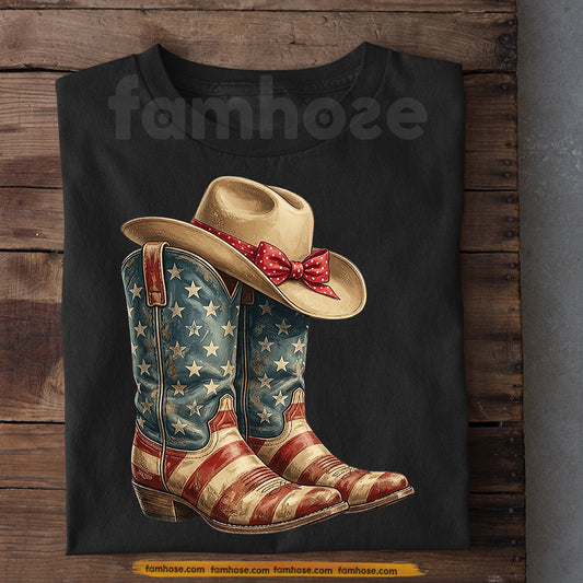 Cowboy July 4th T-shirt, Cowboy Boots USA Flag Tees Independence Day Gift For Cowboy Or Cowgirl